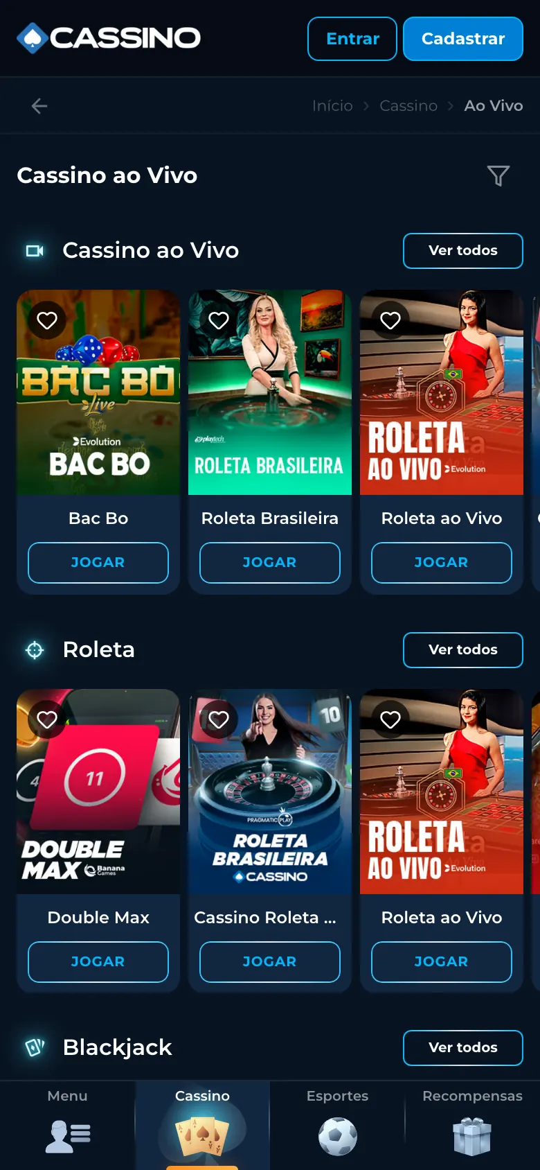 Cassino ao vivo pelo navegador do celular, com o menu inferior Cassino, Esportes e Recompensas