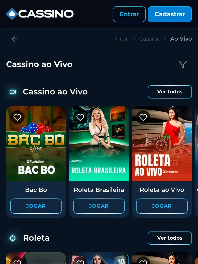 Cassino ao vivo da Cassino.bet com Bac Bo e Roleta Brasileira