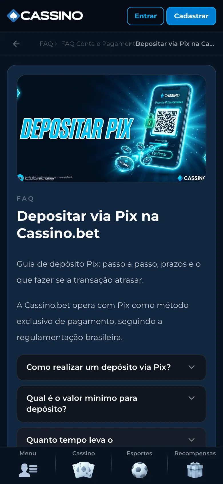 Página de FAQ da Cassino.bet sobre como depositar via Pix, único método de pagamento
