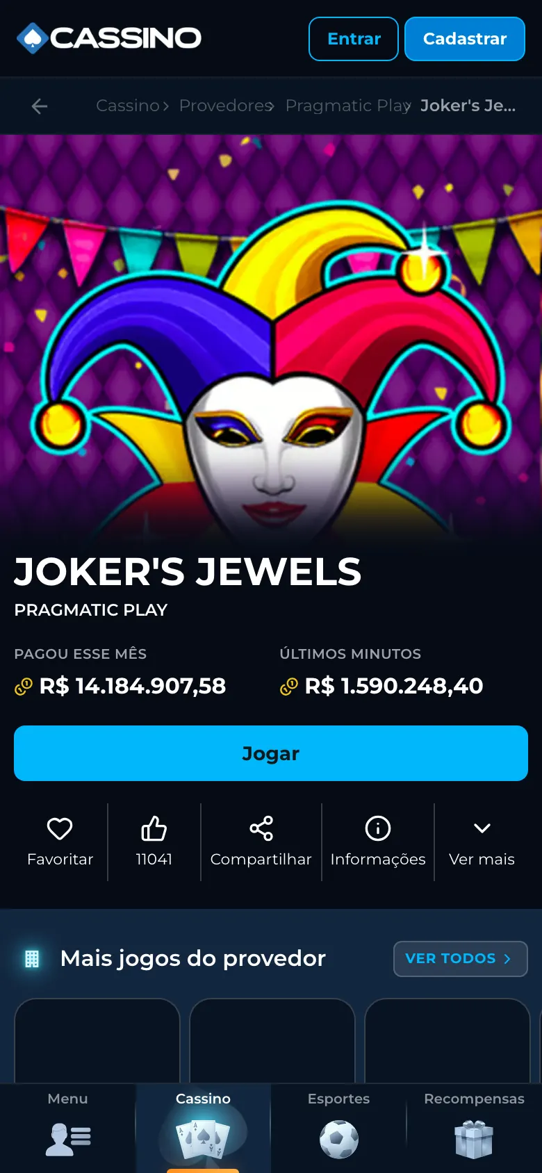 Cassino.bet no celular: página de jogo com botão Jogar e menu inferior Cassino, Esportes e Recompensas