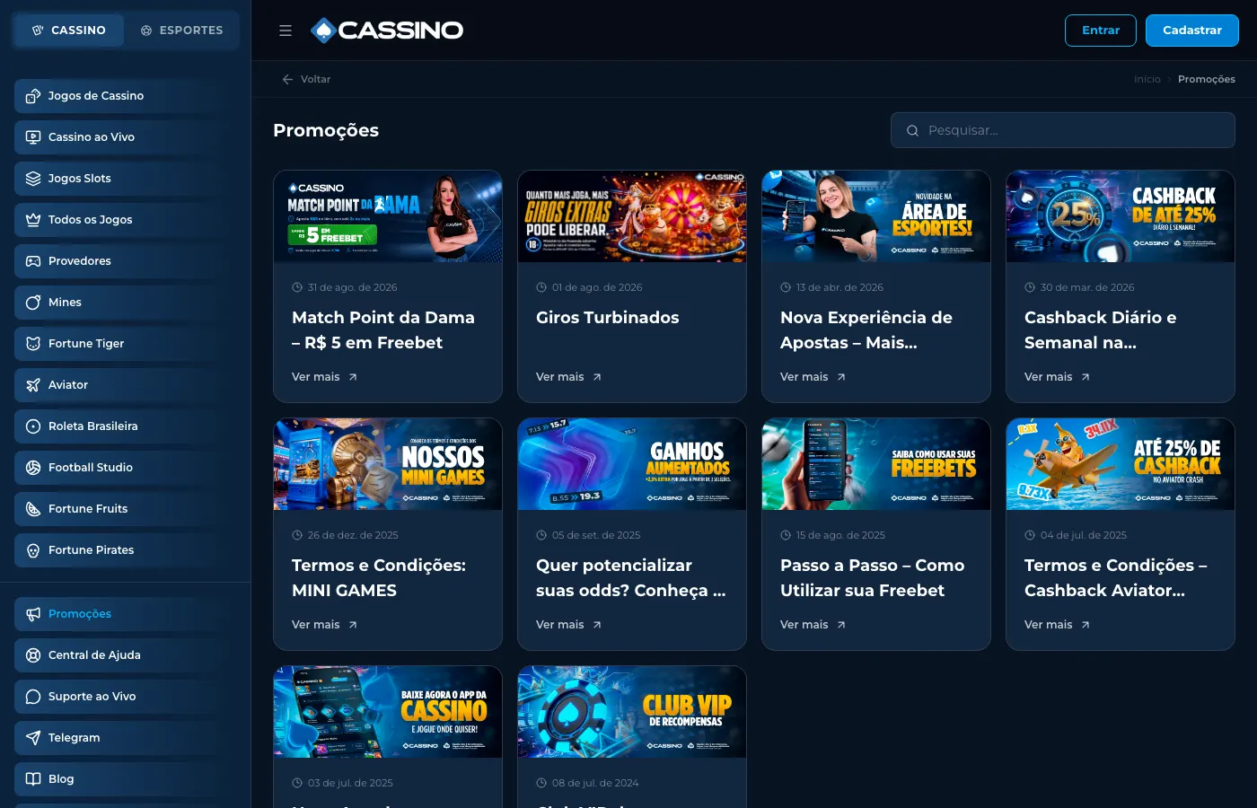 Página de promoções da Cassino.bet no computador, com cartões de Match Point da Dama, Giros Turbinados, Nova Experiência de Apostas e Cashback de até 25%