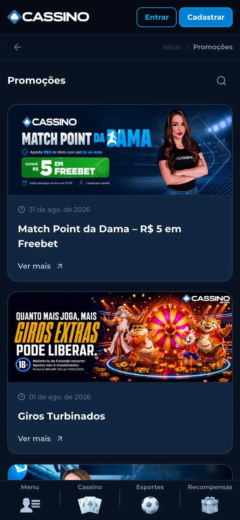 Página de promoções da Cassino.bet no celular, mostrando o cartão Match Point da Dama