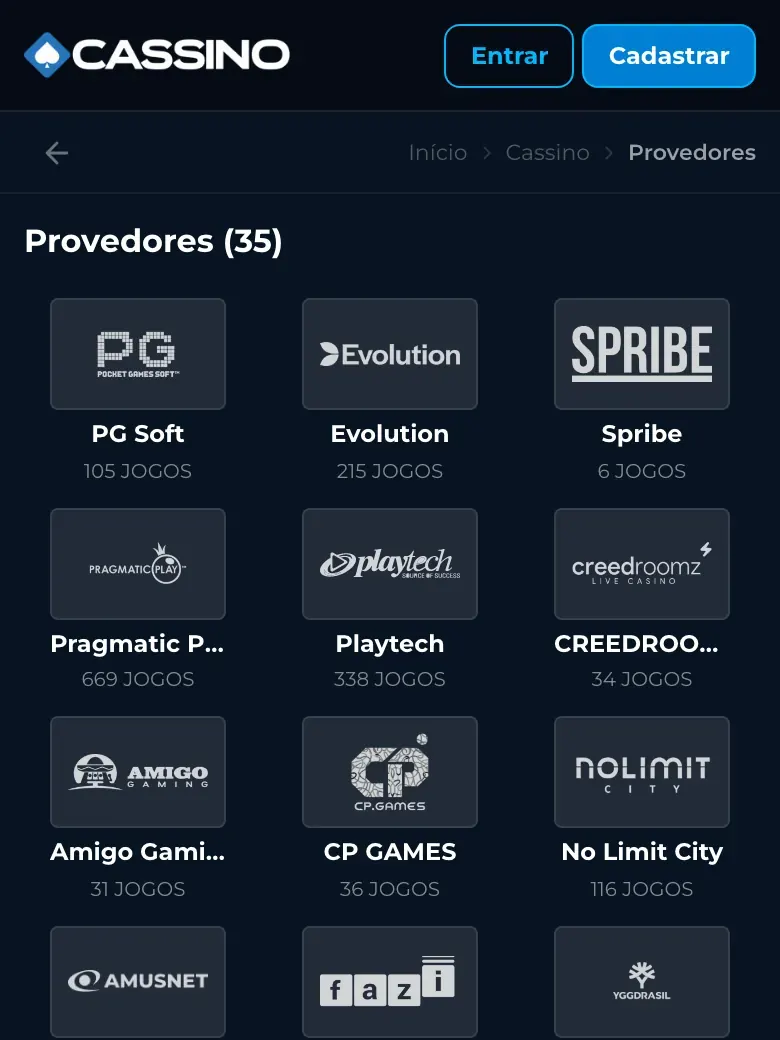 Lista de provedores da Cassino.bet
