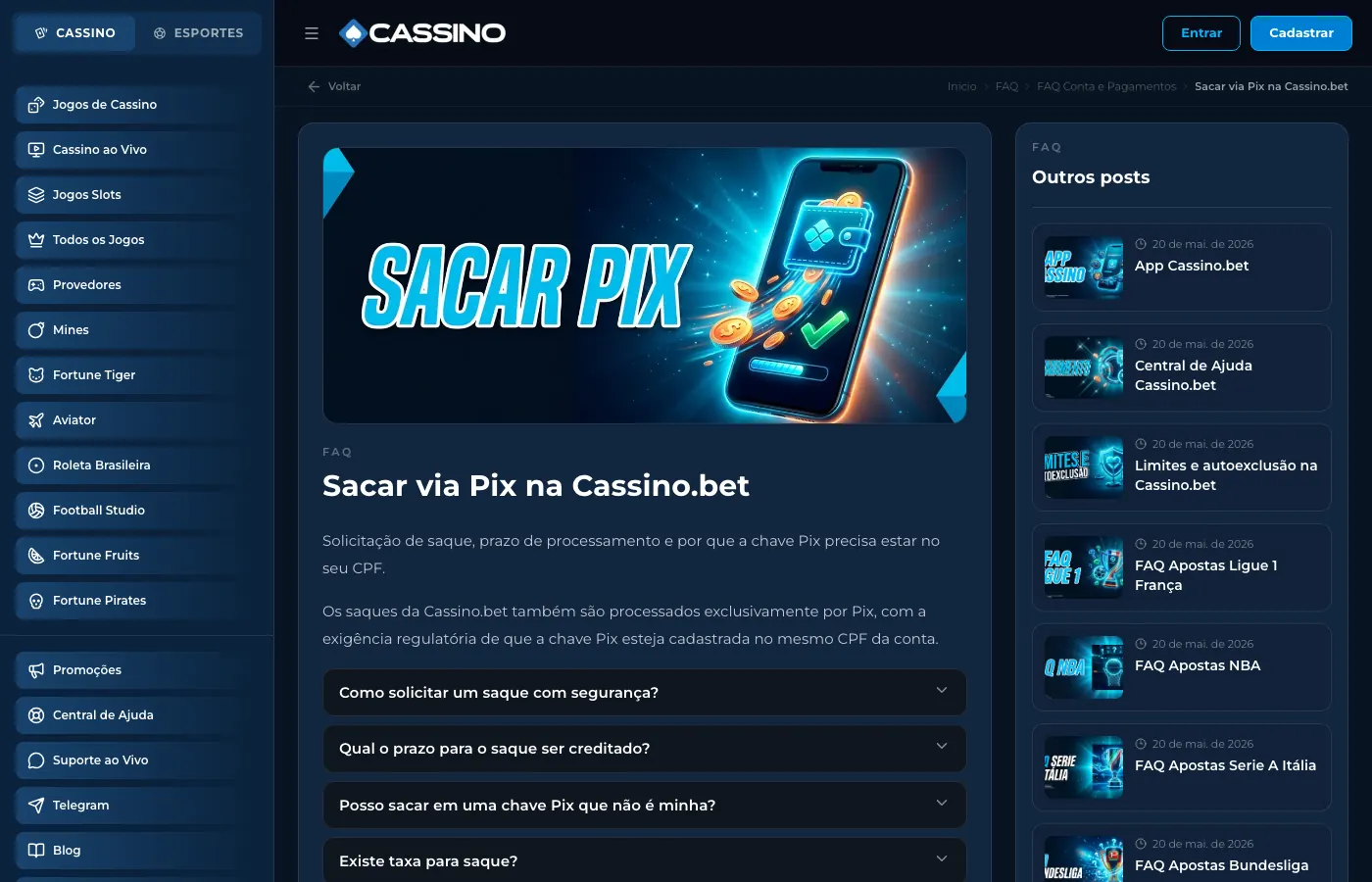 Página de ajuda da Cassino.bet sobre saque via Pix: prazo, chave no CPF e taxa