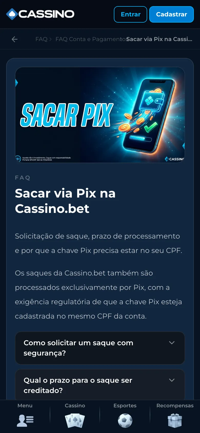 Página de FAQ da Cassino.bet sobre como sacar via Pix, com a chave no mesmo CPF da conta
