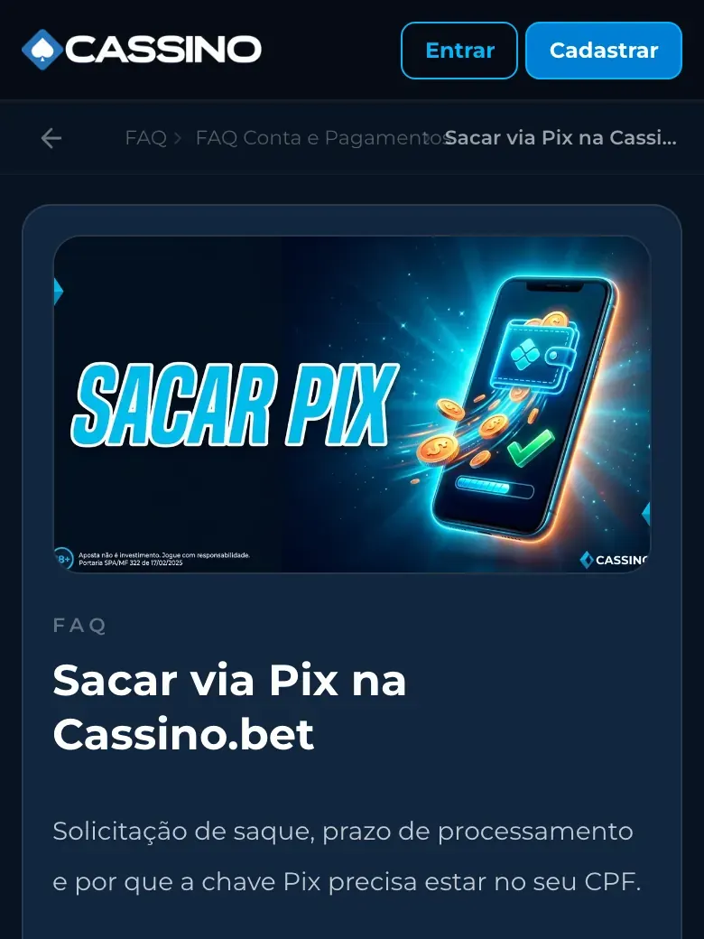 Ajuda da Cassino.bet sobre saque via Pix
