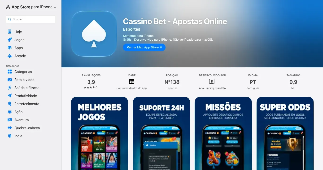 Ficha do app Cassino Bet - Apostas Online na App Store, nota 3,9 com 7 avaliações, desenvolvedor Ana Gaming Brasil SA
