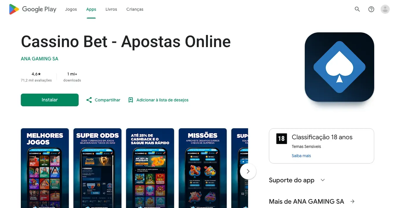 Ficha do app Cassino Bet - Apostas Online na Google Play, nota 4,6 com 71,2 mil avaliações, desenvolvedor ANA GAMING SA